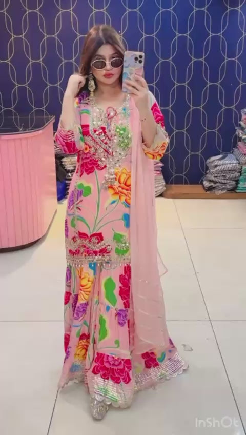 Article 1945 – Printed Crepe Sharara Set for Women | Elegant Party & Festive Wear | Sizes 40–46
