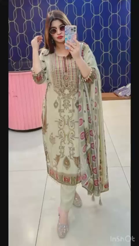 Article 1811 – Pure Crepe Embroidered Digital Printed Suit | Sizes 40–46