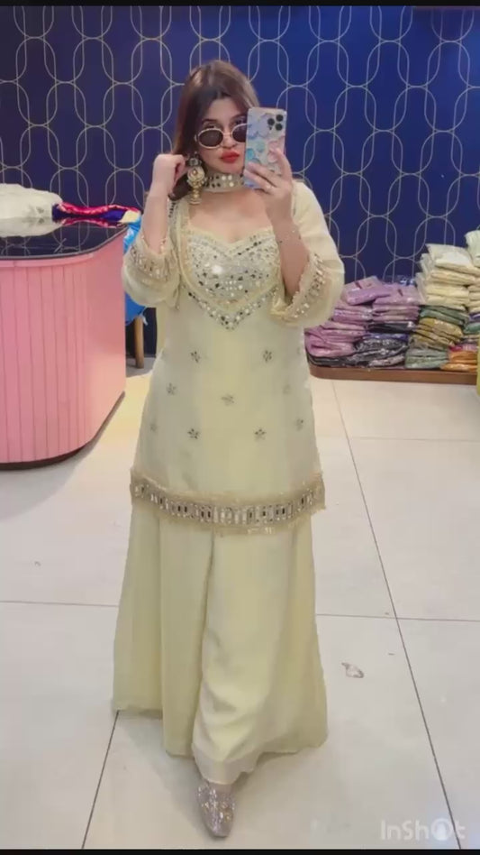 Article 1768 – Pure Glass Tissue Bustier Sharara Cordset with Choker Dupatta & Mirror Work