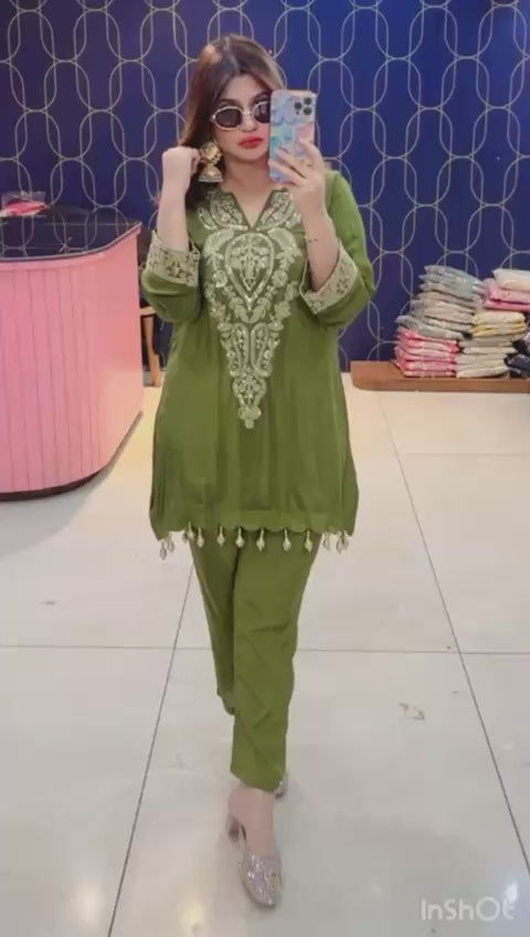Article 1704 – Pure Crepe Embroidered Co-ord Set with Tassels | Sizes 40–46