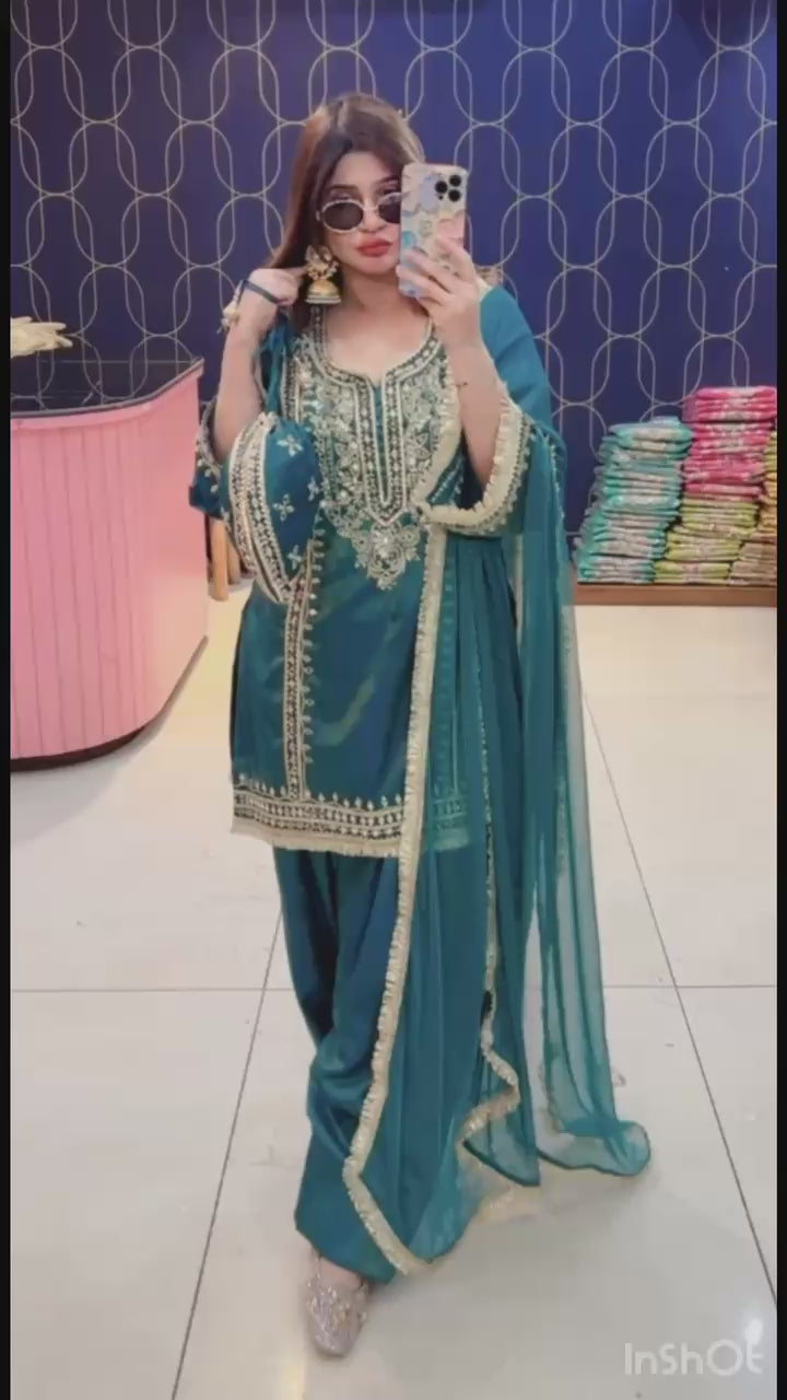 Article 1915 – Pure Glass Tissue Fabric Farshi Salwar Suit with Chiffon Dupatta & Mirror Work | Sizes 40–46