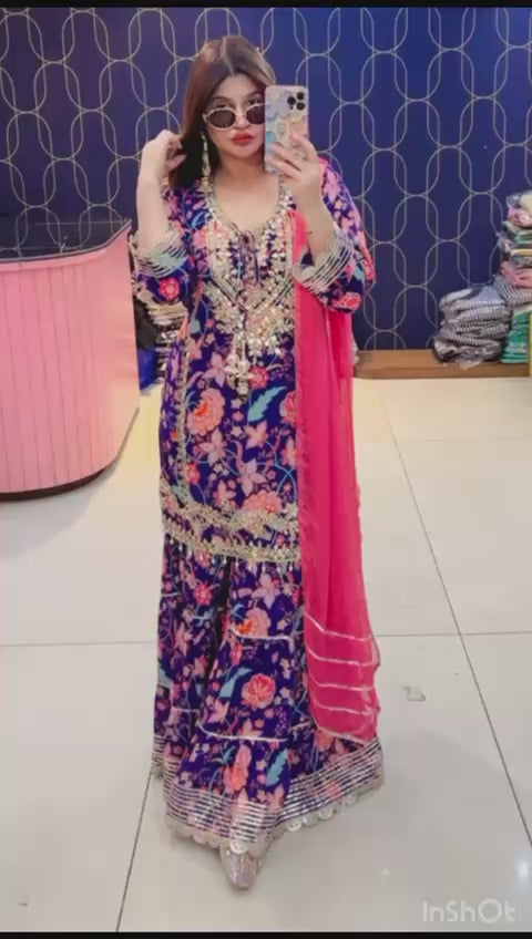 Article 1945 – Printed Crepe Sharara Set for Women | Elegant Party & Festive Wear | Sizes 40–46