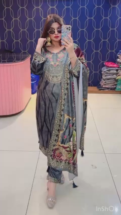 Article 1933 – Velvet Warm Cloths Printed Pakistani Suit with Dupatta | Winter Ethnic Wear | Sizes 40–46