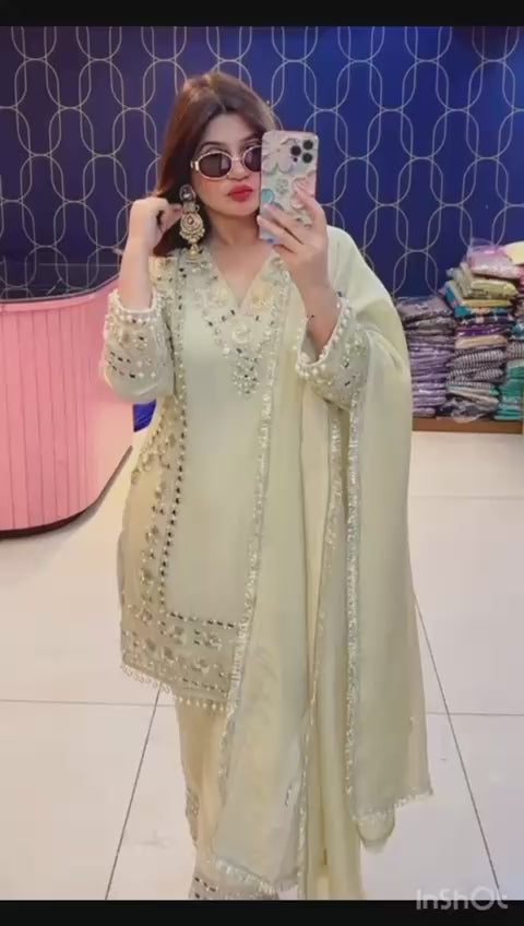 Article 1917 – Tissue Shimmer Suit with Real Mirror & Pearl Work and Dupatta | Premium Festive Wear