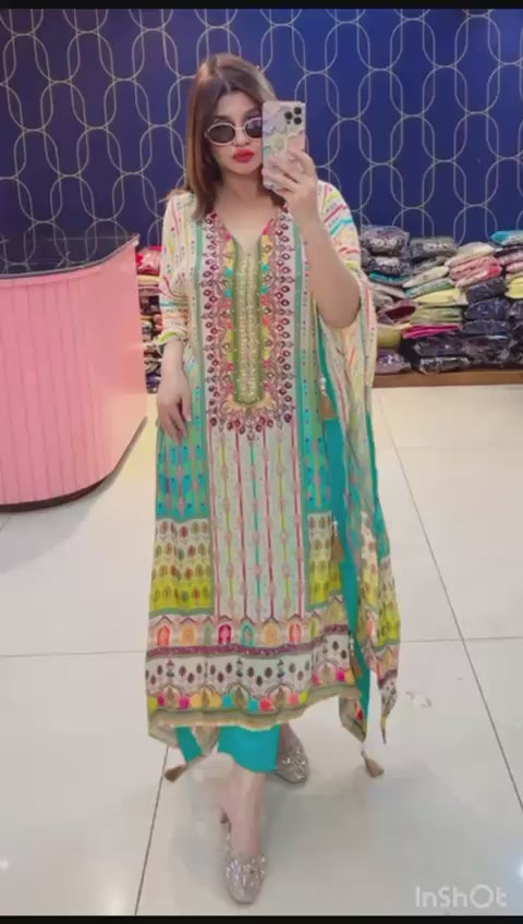 Article – Premium Printed Crepe Kaftan with Bottom & Intricate Handwork | Sizes 40–46