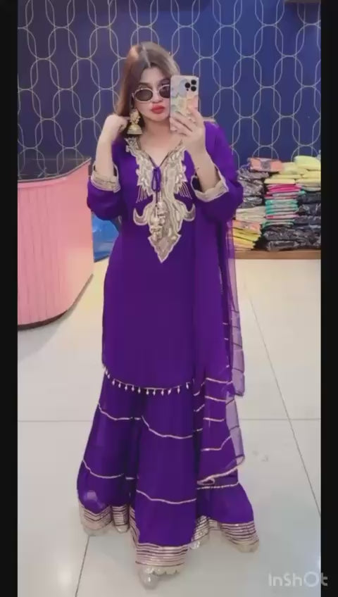 Article 1918 – Pure Chinon Crepe Handwork Sharara Suit | Urban Closet