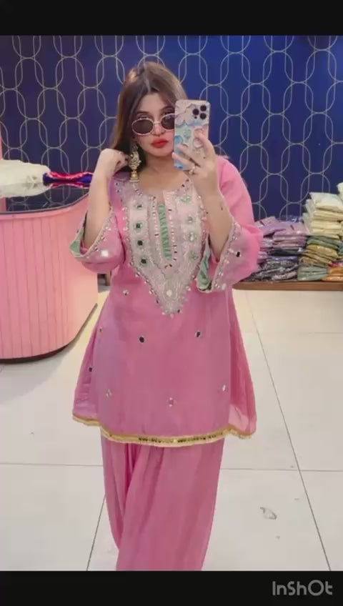 Article 1911 – Pure Crepe Farshi Salwar Suit With Two-Tone Organza Dupatta & Mirror Work