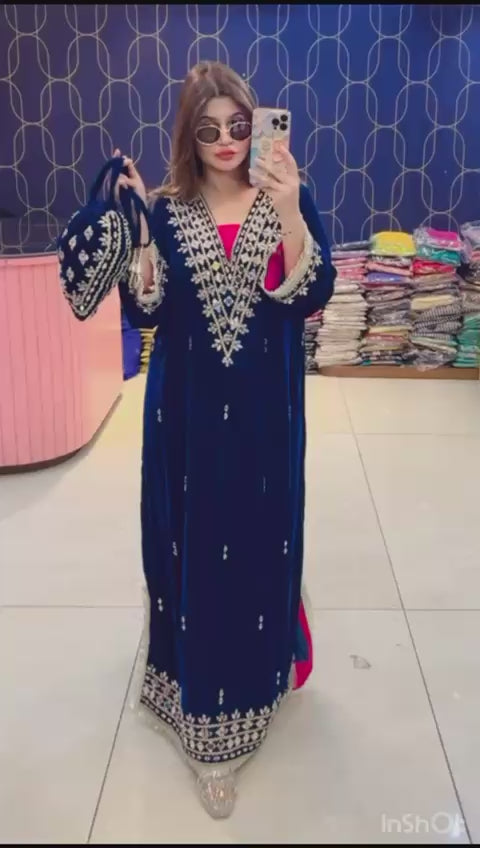 Article 1953 – Premium Velvet Long Dress with Real Mirror Work | One-Piece Ethnic Wear for Women | Sizes 40–46