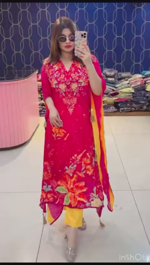 Article – Premium Crepe Fabric Kaftan with Bottom & Hand Embellished Floral Design | Sizes 40–46