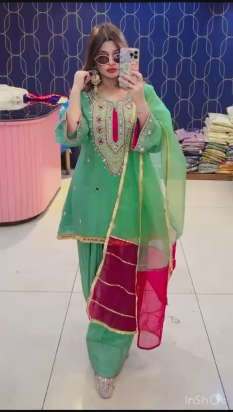Article 1911 – Pure Crepe Farshi Salwar Suit With Two-Tone Organza Dupatta & Mirror Work