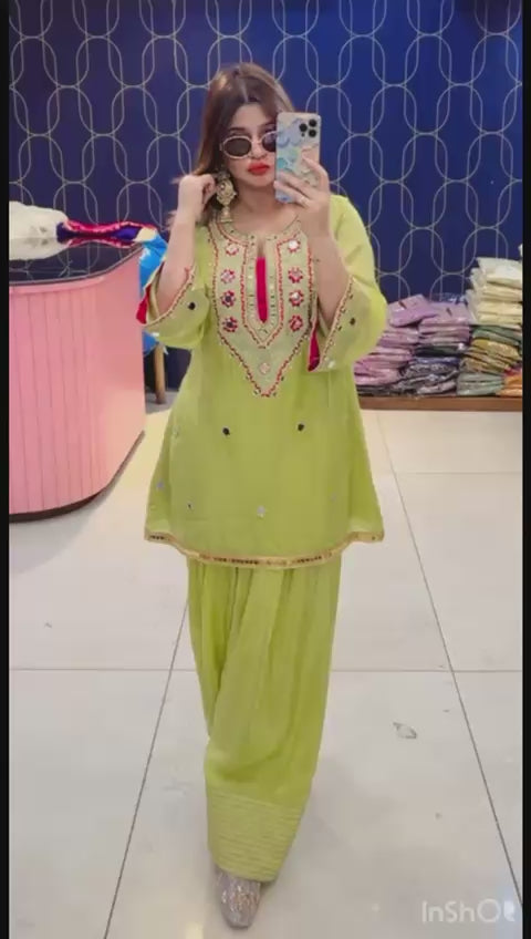 Article 1911 – Pure Crepe Farshi Salwar Suit With Two-Tone Organza Dupatta & Mirror Work
