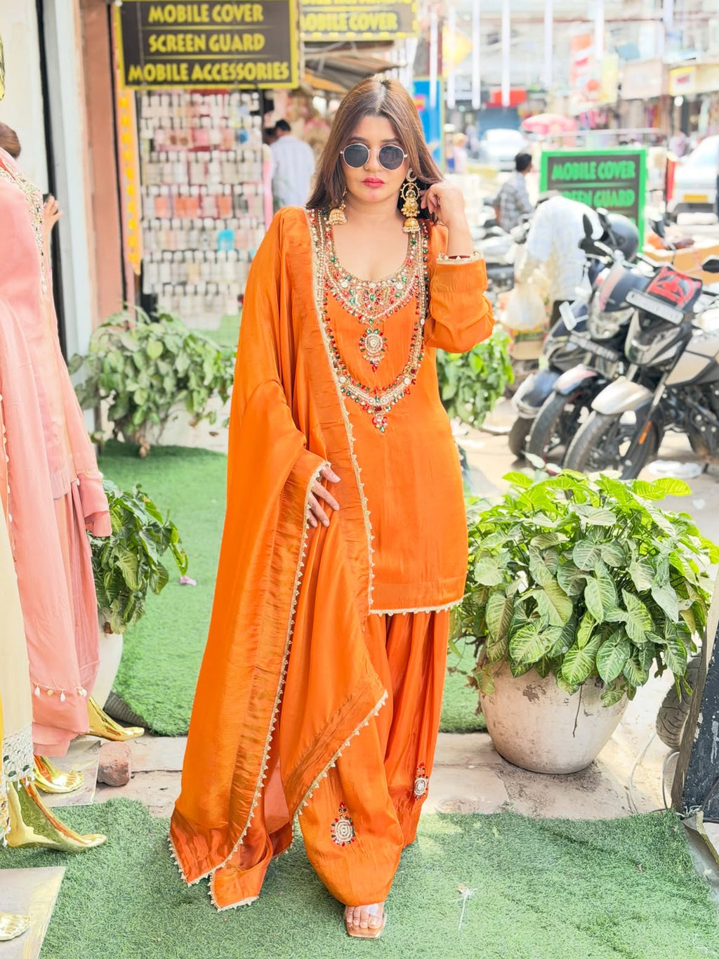 Pure crepe coord set with antique jewellery work and  farshi salwar