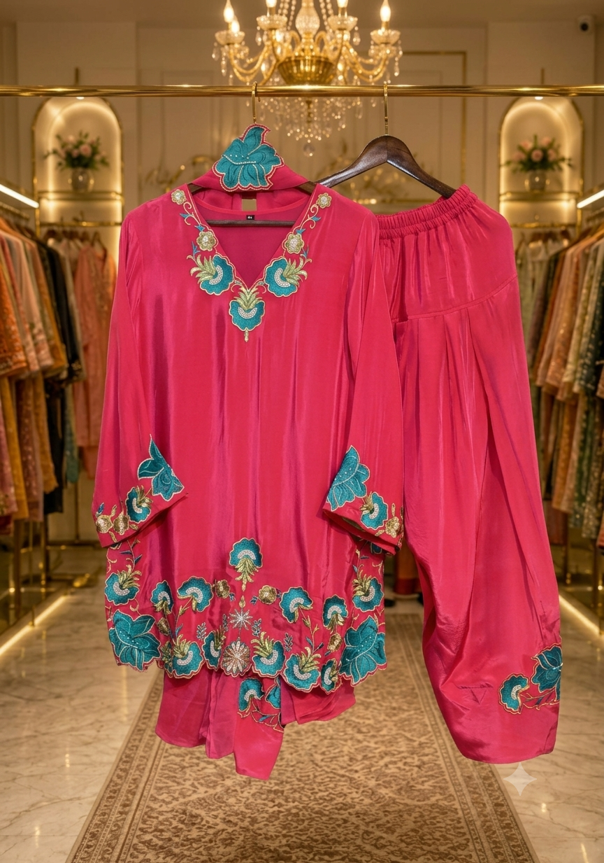 Pure Crepe Handwork coord set with farshi salwar