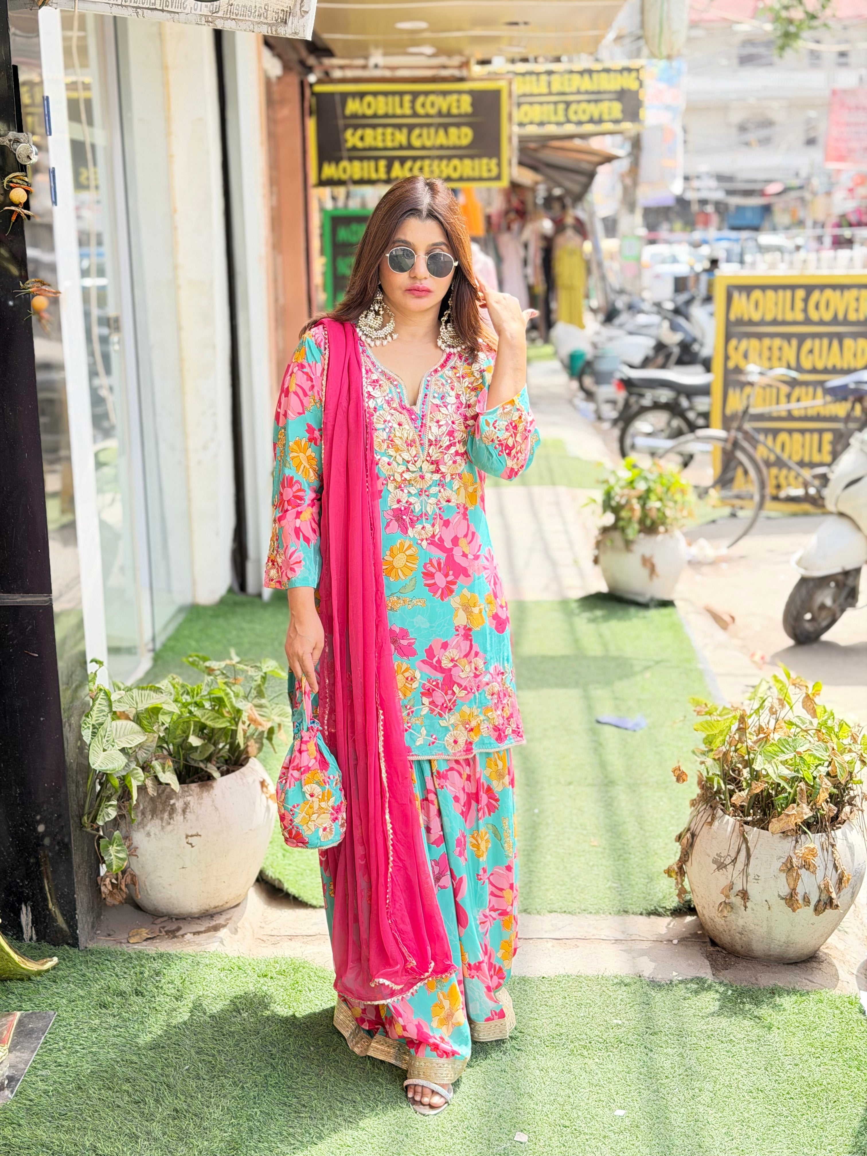 Digital print sharara suit with gotta patti detailing