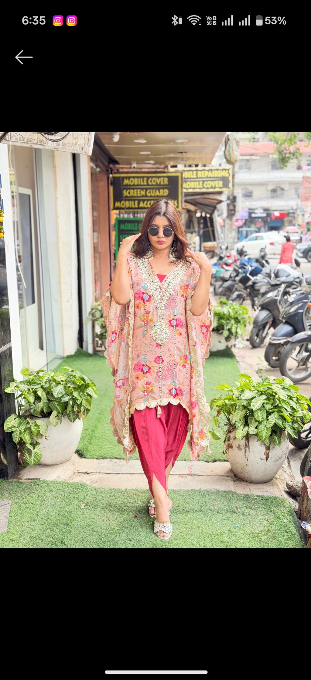 Digital print kaftan with gotta and mirror work having tulip pants