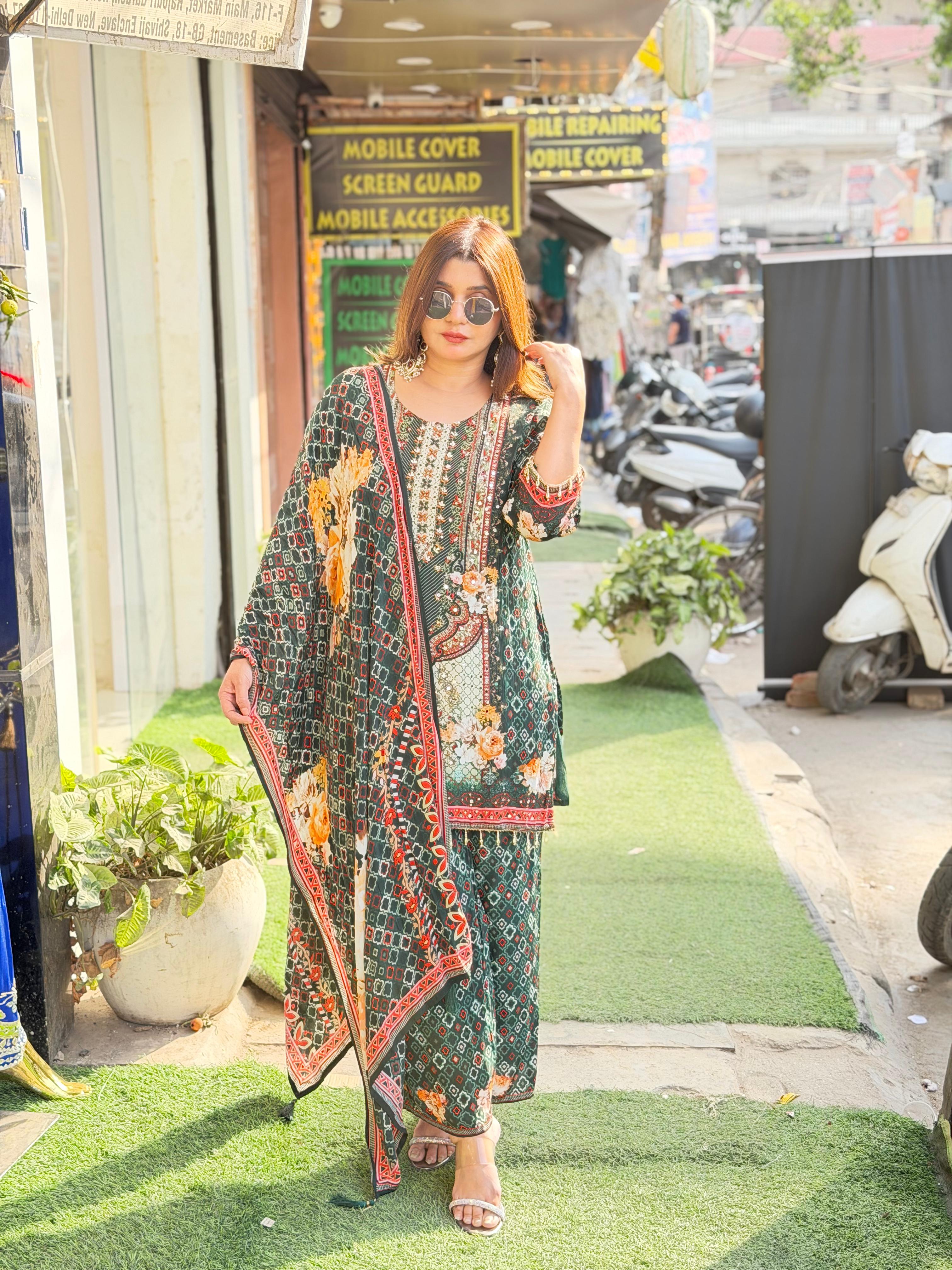 Article 1837 – Pure Crepe Digital Printed Suit with Handwork | Designer Suit | Sizes 38–44