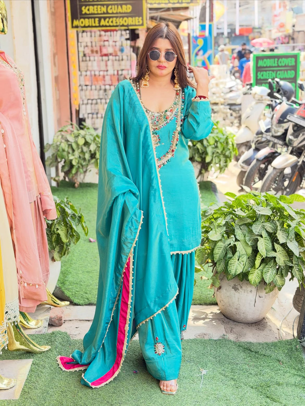 Pure crepe coord set with antique jewellery work and  farshi salwar