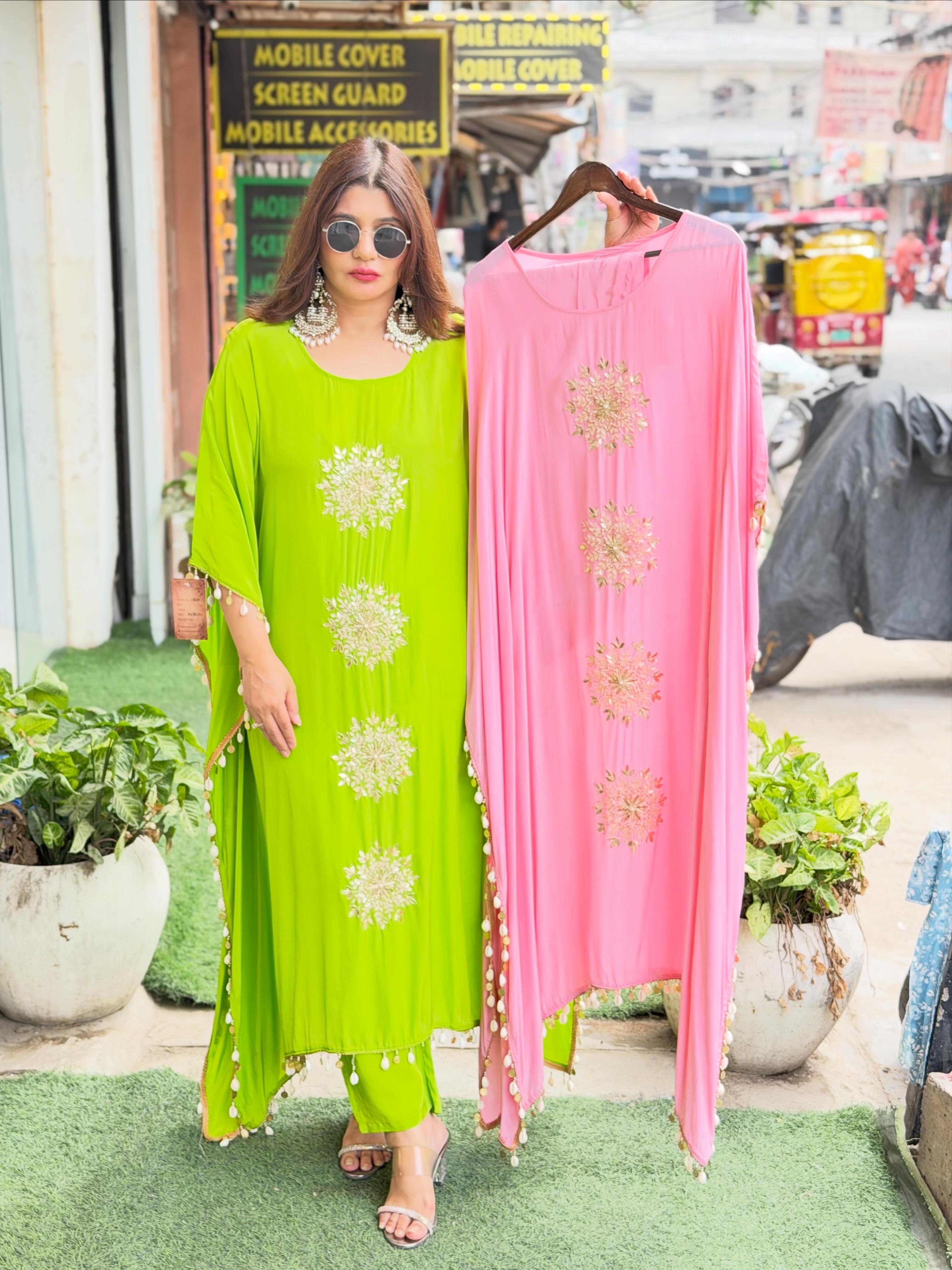 Article 1637 – Pure Crepe Kaftan with Elegant Handwork & Tassel Detailing | Sizes 40–46