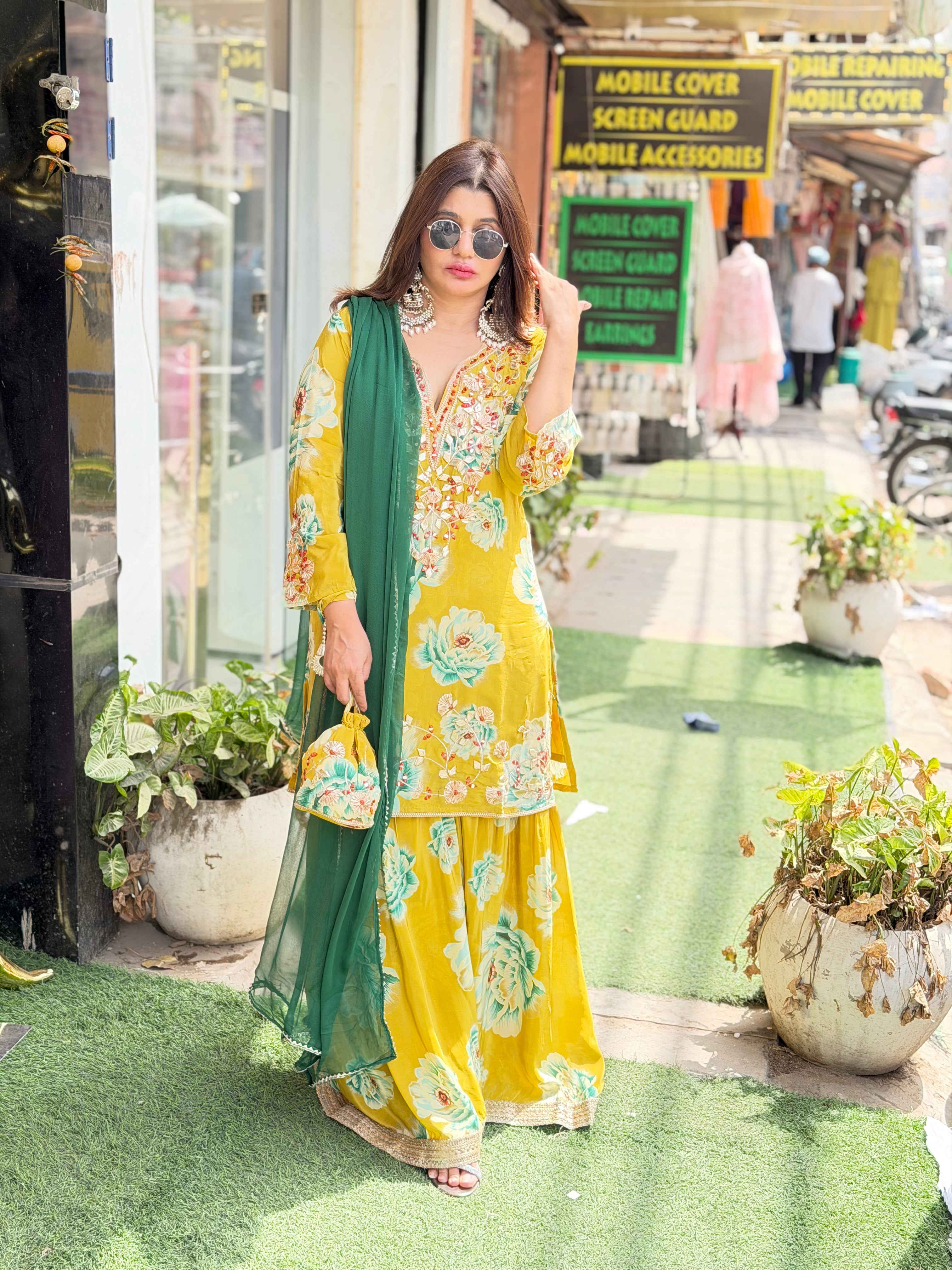 Digital print sharara suit with gotta patti detailing