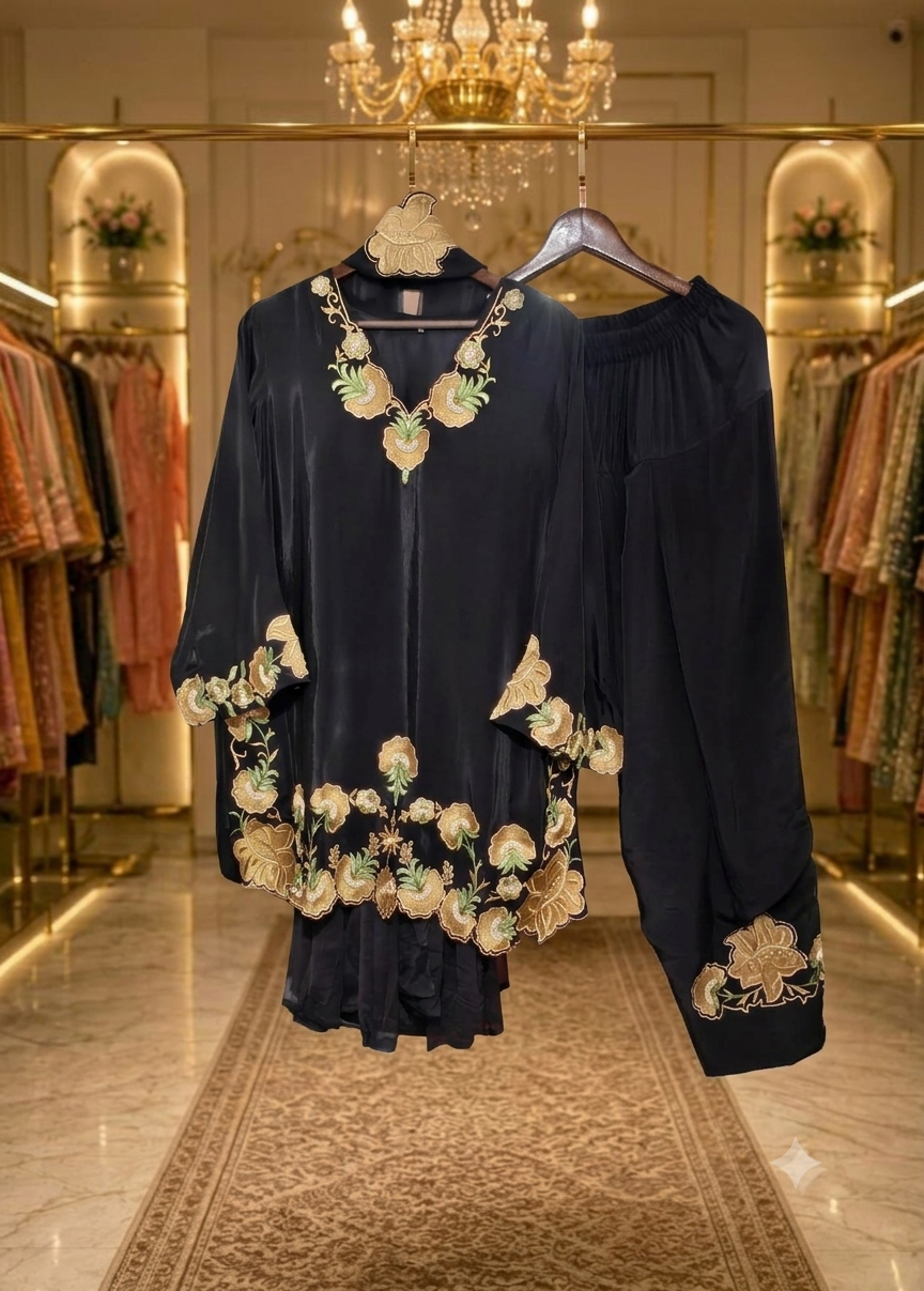 Pure Crepe Handwork coord set with farshi salwar