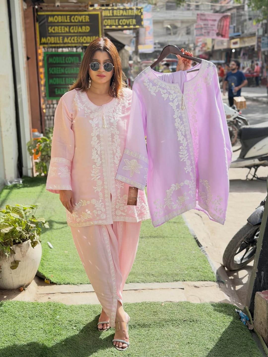 Mul cotton coord set with embroidery and tulip pants