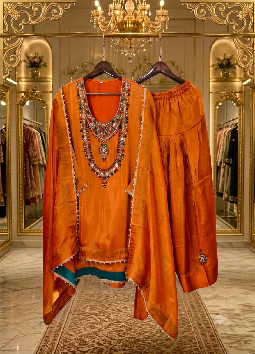 Pure crepe coord set with antique jewellery work and  farshi salwar
