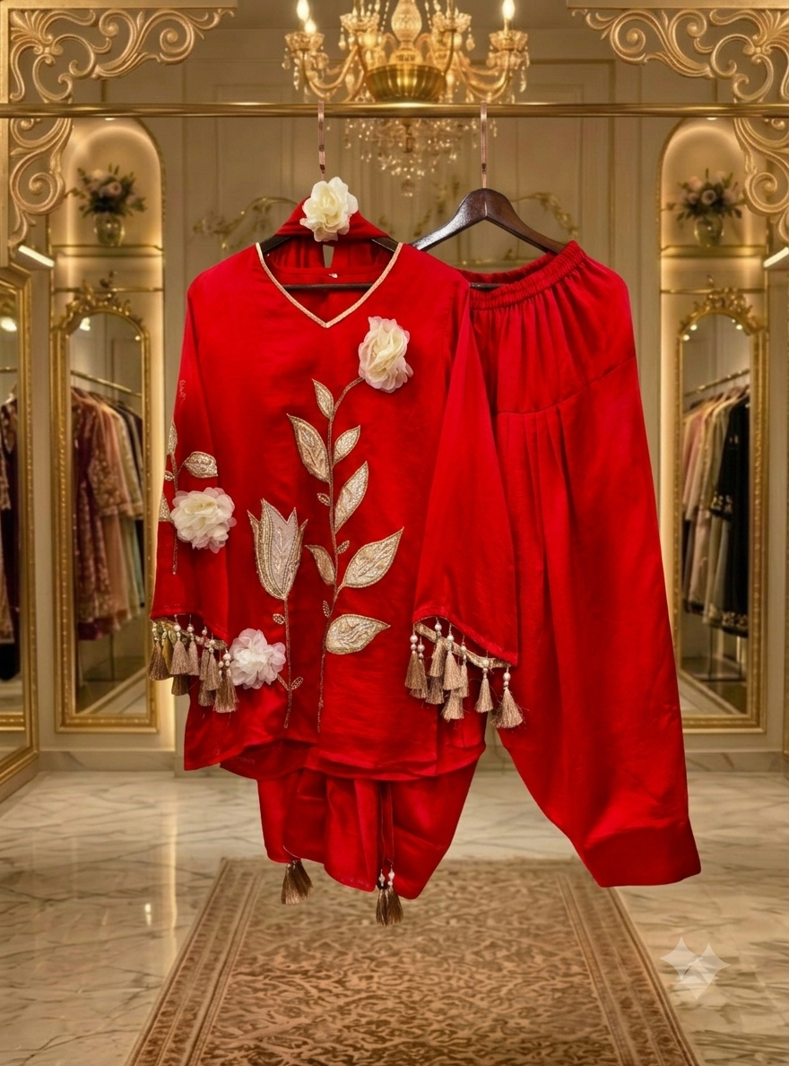 "Qeher" -Pure cotton cotton silk coord set with farshi salwar and 3 d flower