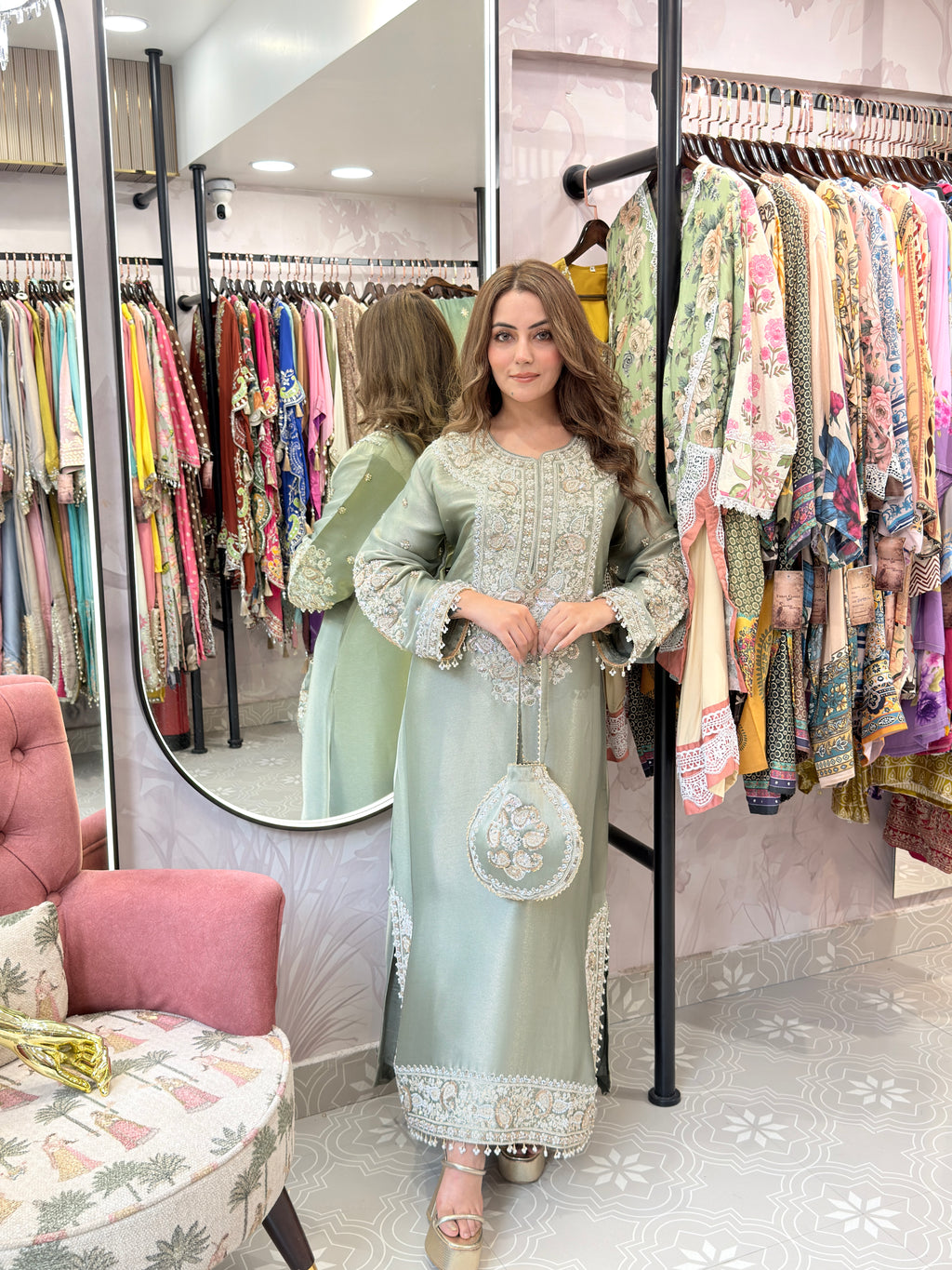 Pure Tissue Shimmer Long Dress with beats  Work