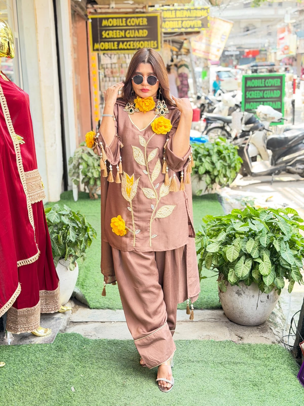 "Qeher" -Pure cotton cotton silk coord set with farshi salwar and 3 d flower