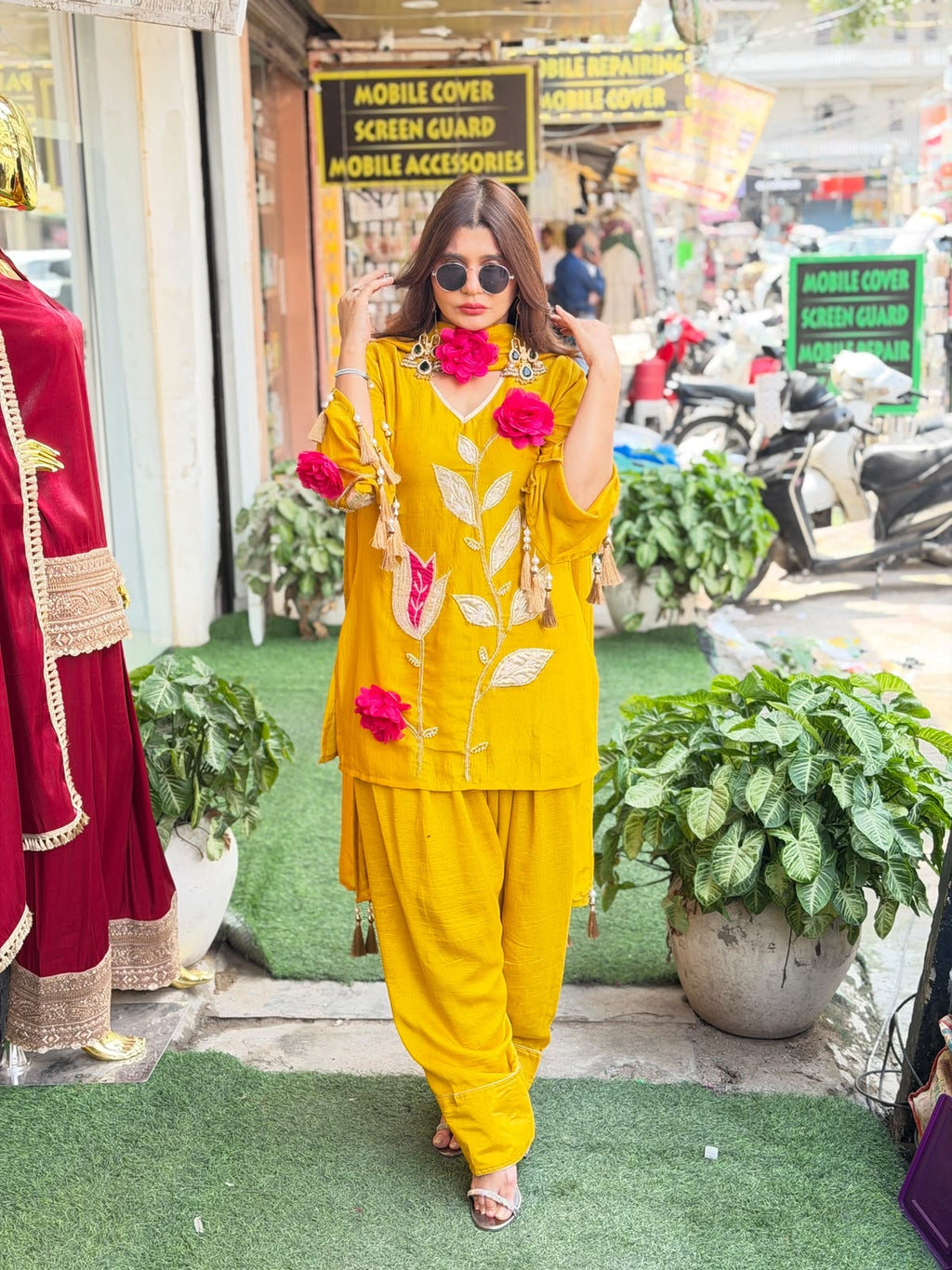 "Qeher" -Pure cotton cotton silk coord set with farshi salwar and 3 d flower