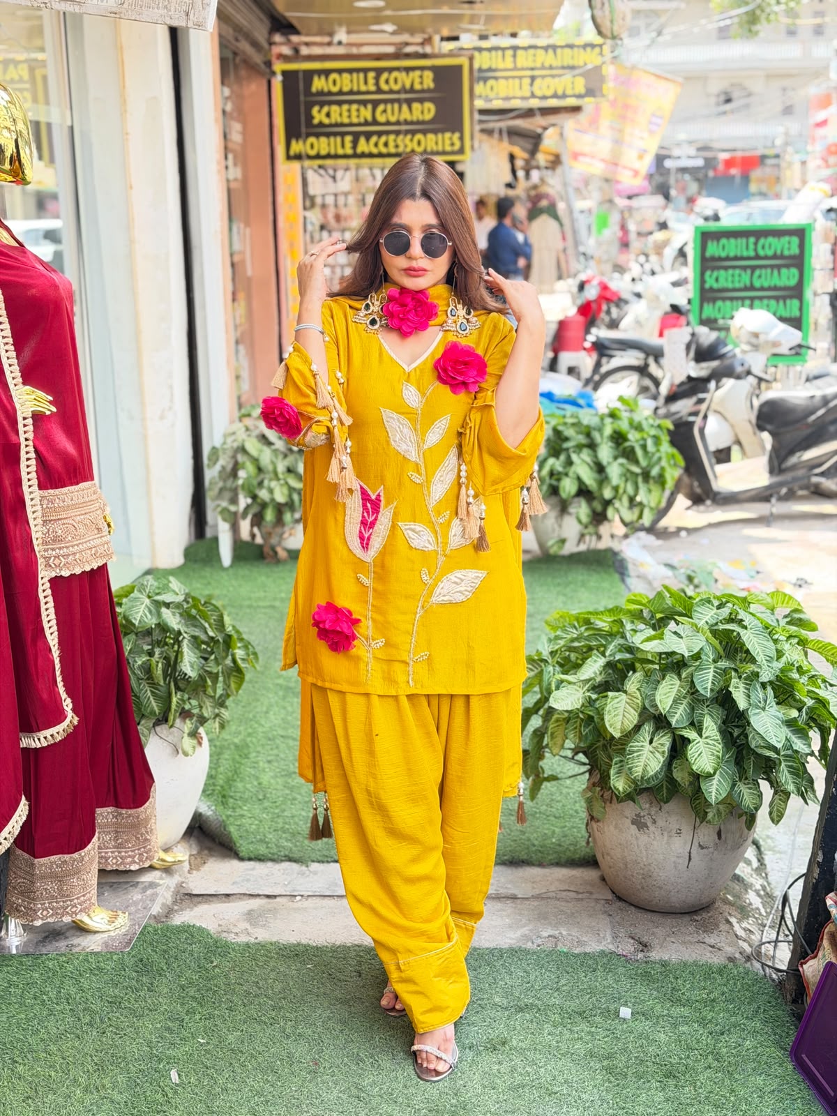 "Qeher" -Pure cotton cotton silk coord set with farshi salwar and 3 d flower