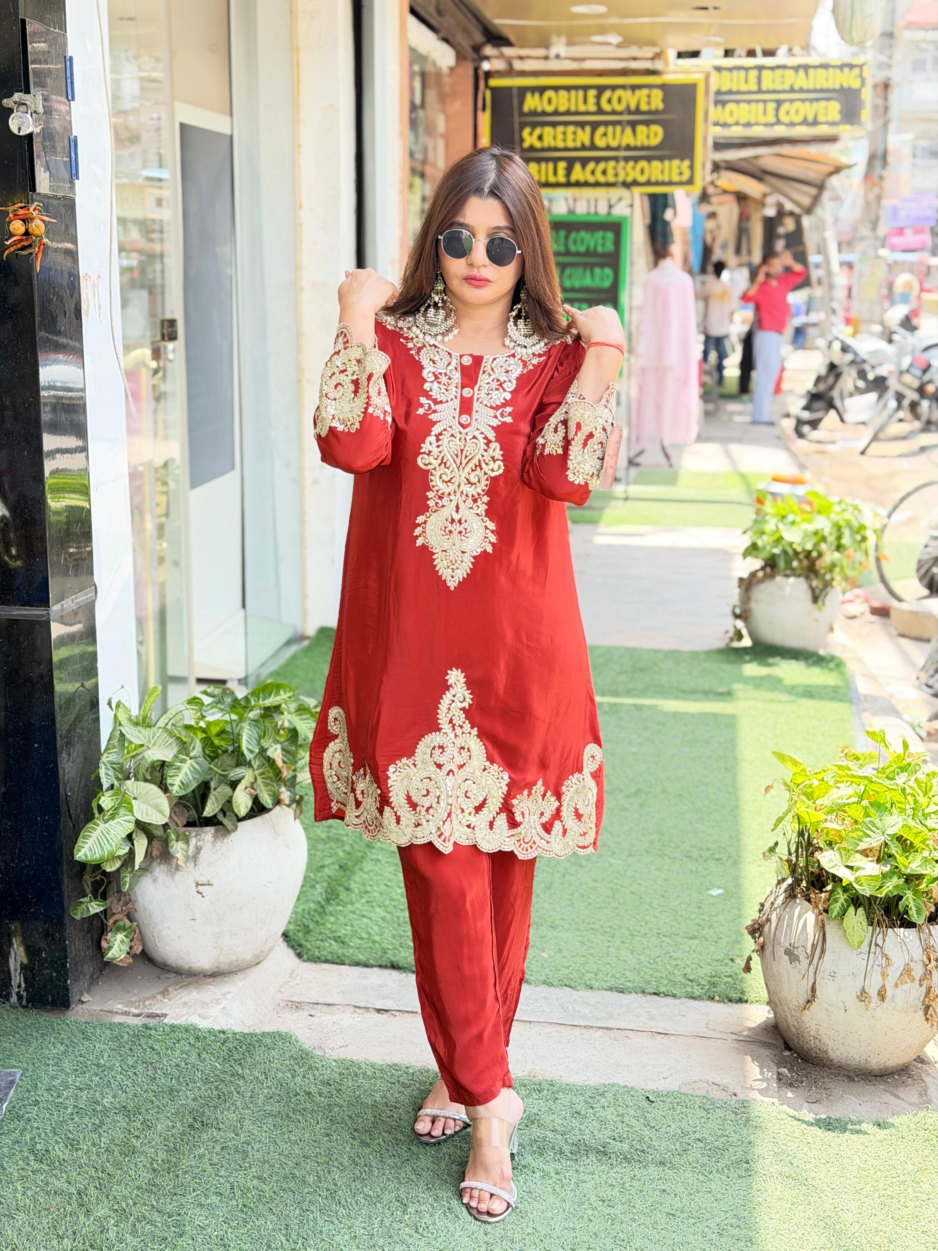 Pure Crepe Kurti set With Beautiful Embroidery