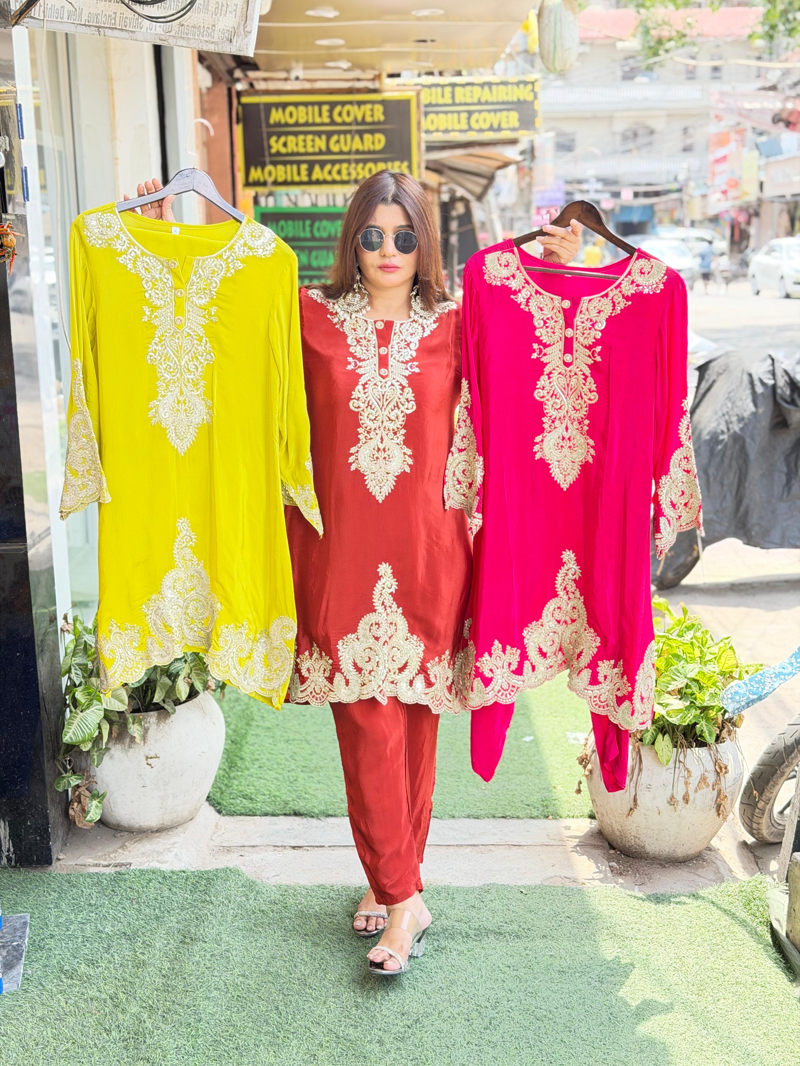 Pure Crepe Kurti set With Beautiful Embroidery