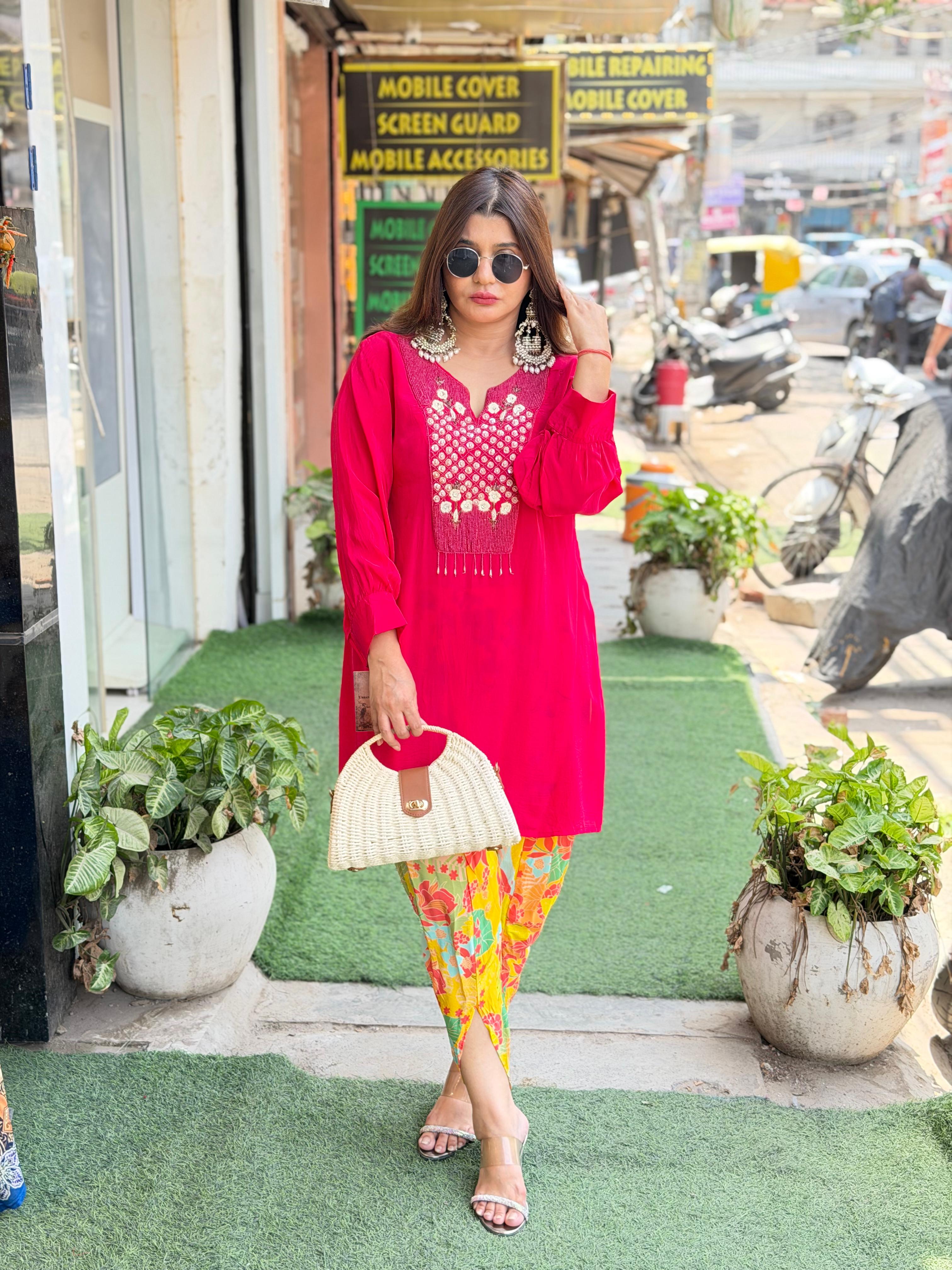 Pure crepe coord set with handwork and printed tulip pants