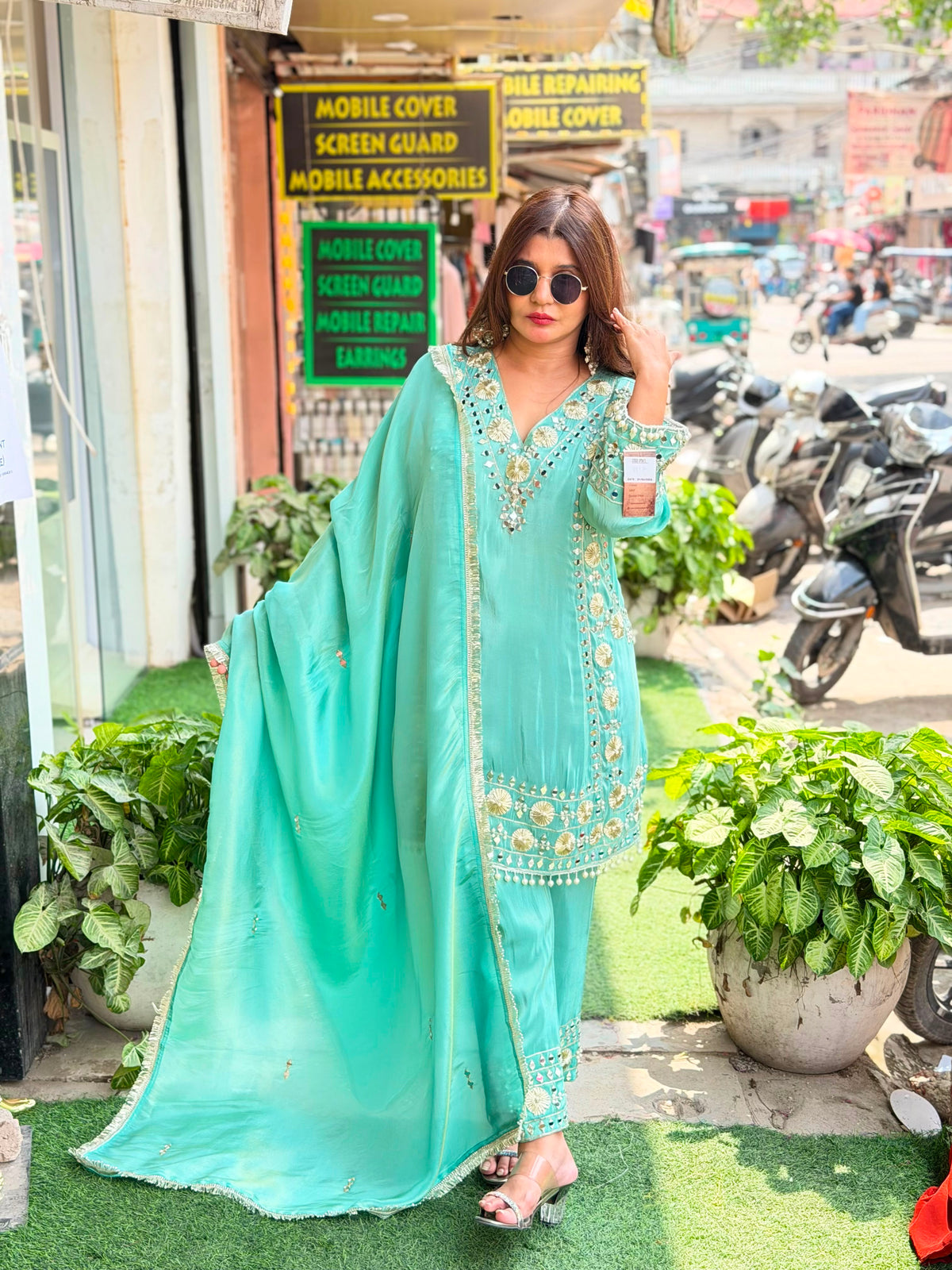 Article 1917 – Tissue Shimmer Suit with Real Mirror & Pearl Work and Dupatta | Premium Festive Wear