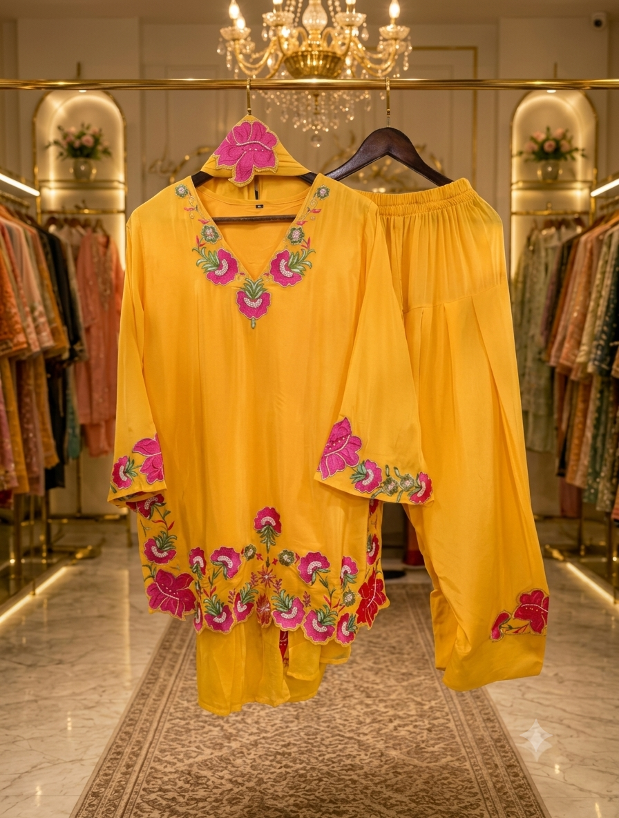 Pure Crepe Handwork coord set with farshi salwar