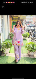 Article 1620 | Tissue Shimmer Fabric Cord Set with Floral Embroidery & Bell Bottom Pants