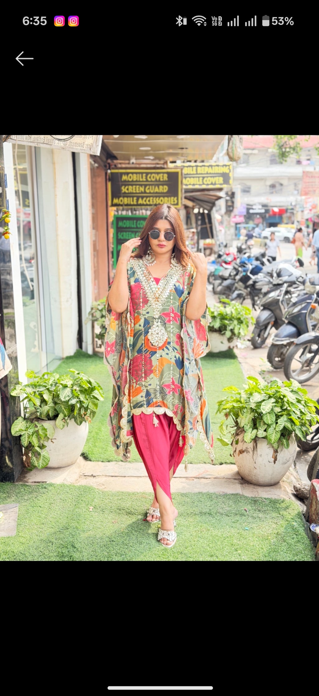 Digital print kaftan with gotta and mirror work having tulip pants