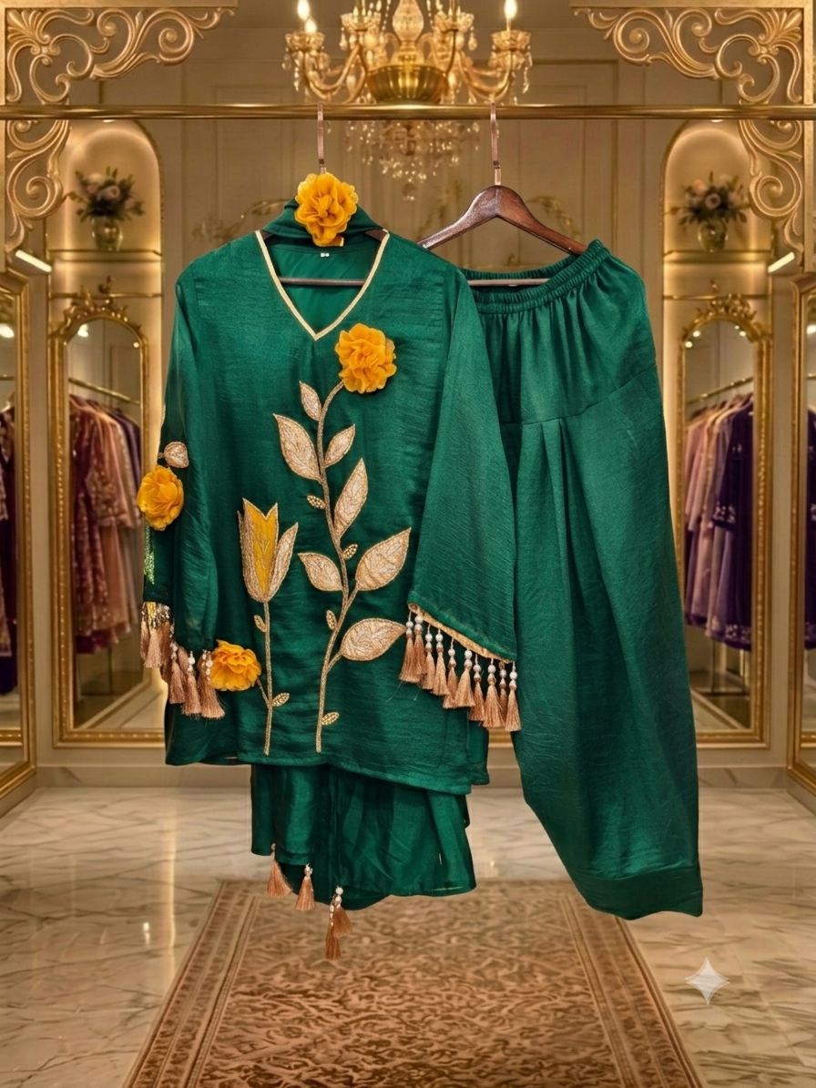 "Qeher" -Pure cotton cotton silk coord set with farshi salwar and 3 d flower