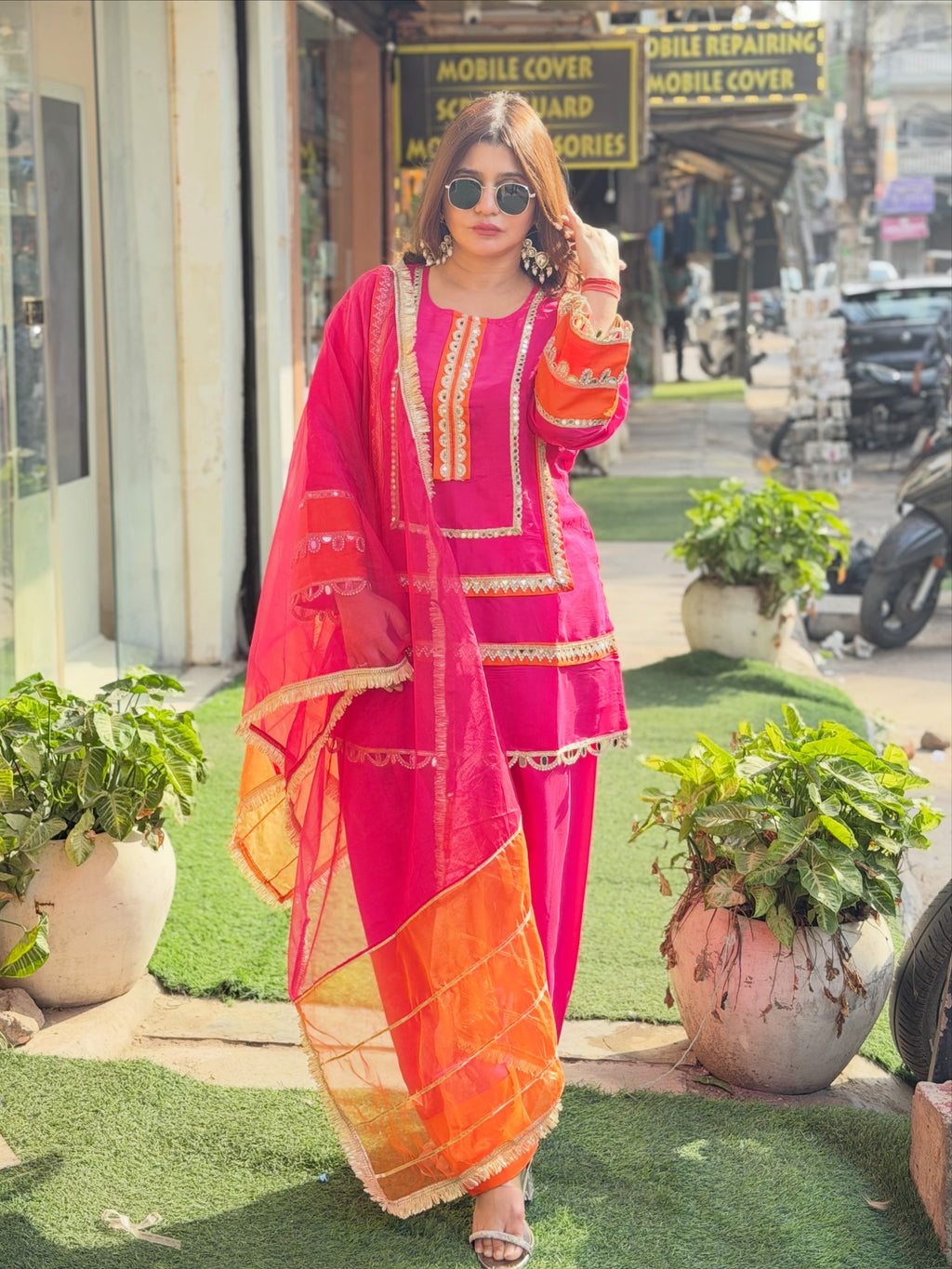 Article 1758 – Pure Cotton Silk Farshi Salwar Suit with Organza Dupatta & Mirror Work | Sizes 40–46