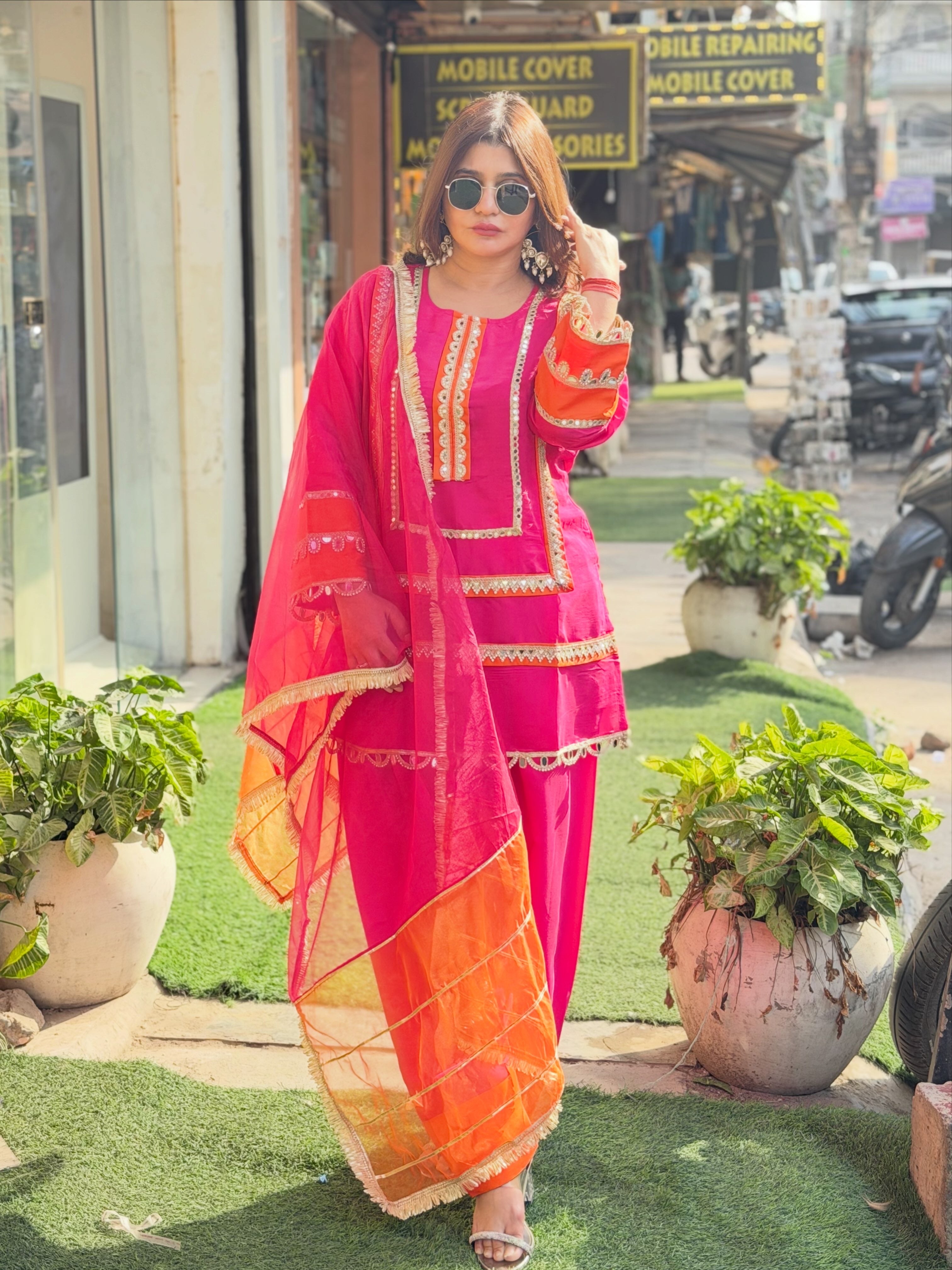 Article 1758 – Pure Cotton Silk Farshi Salwar Suit with Organza Dupatta & Mirror Work | Sizes 40–46