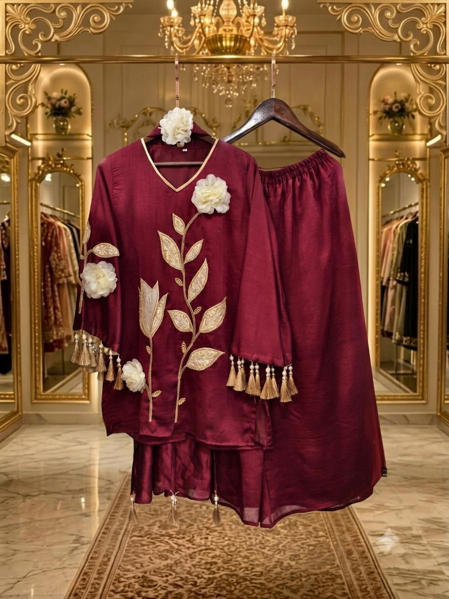 "Qeher" -Pure cotton cotton silk coord set with farshi salwar and 3 d flower