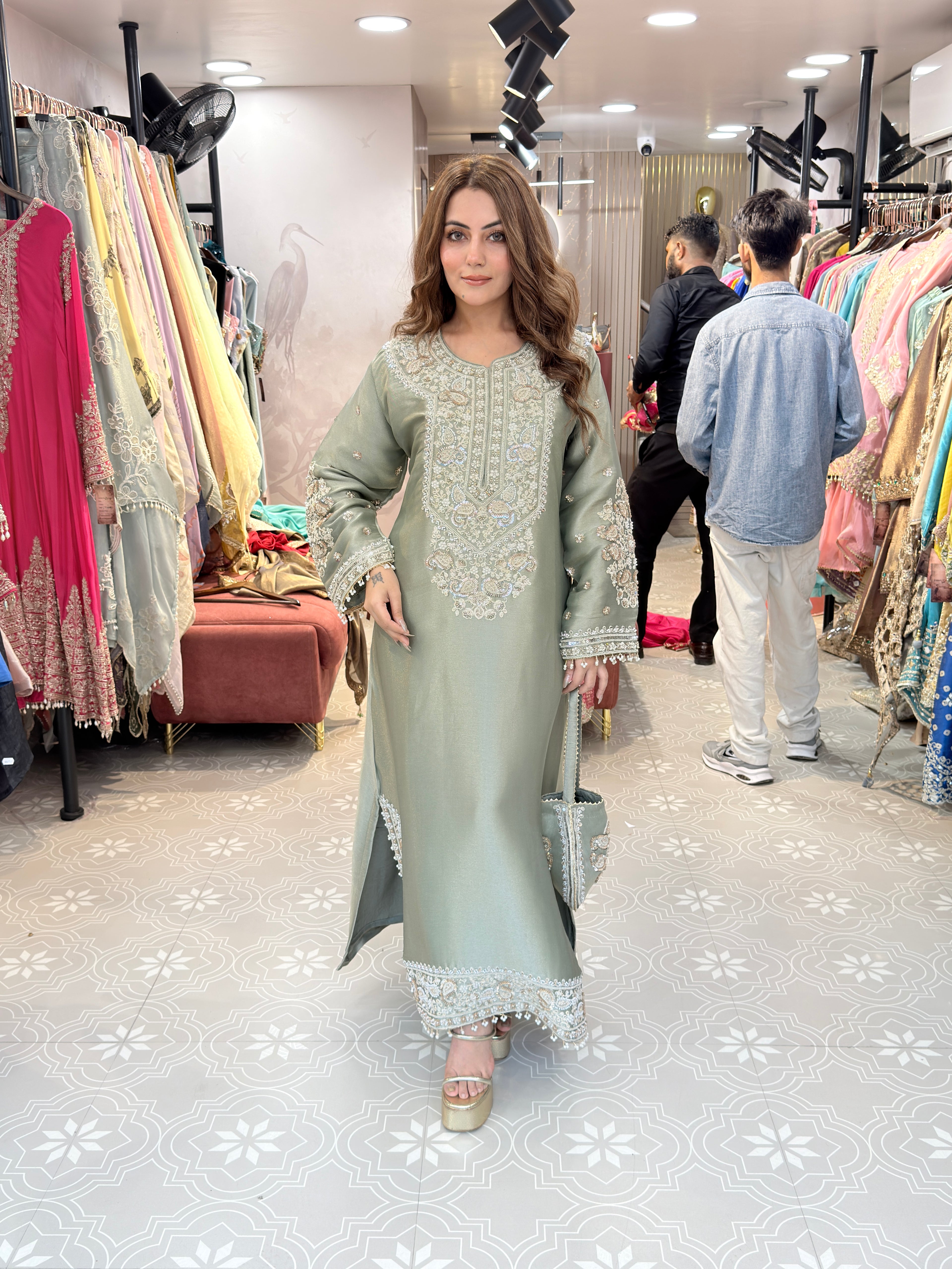 Pure Tissue Shimmer Long Dress with beats  Work