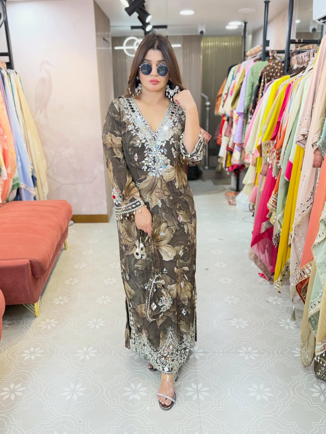 Printed long side slit dress with original mirror work