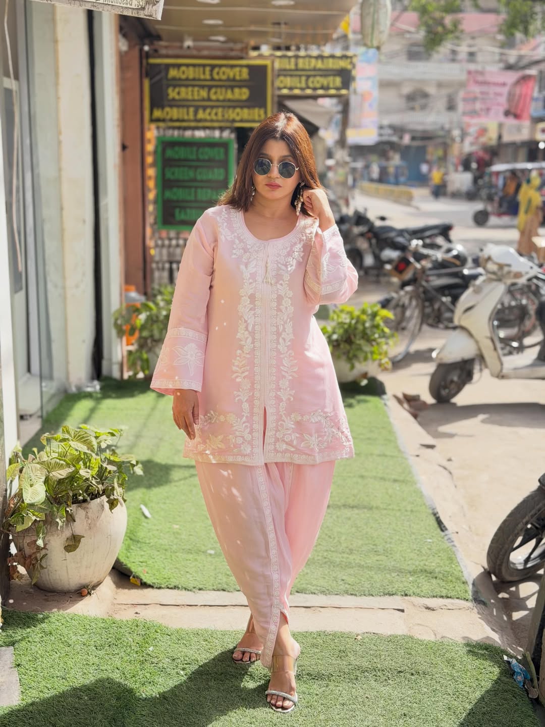 Mul cotton coord set with embroidery and tulip pants