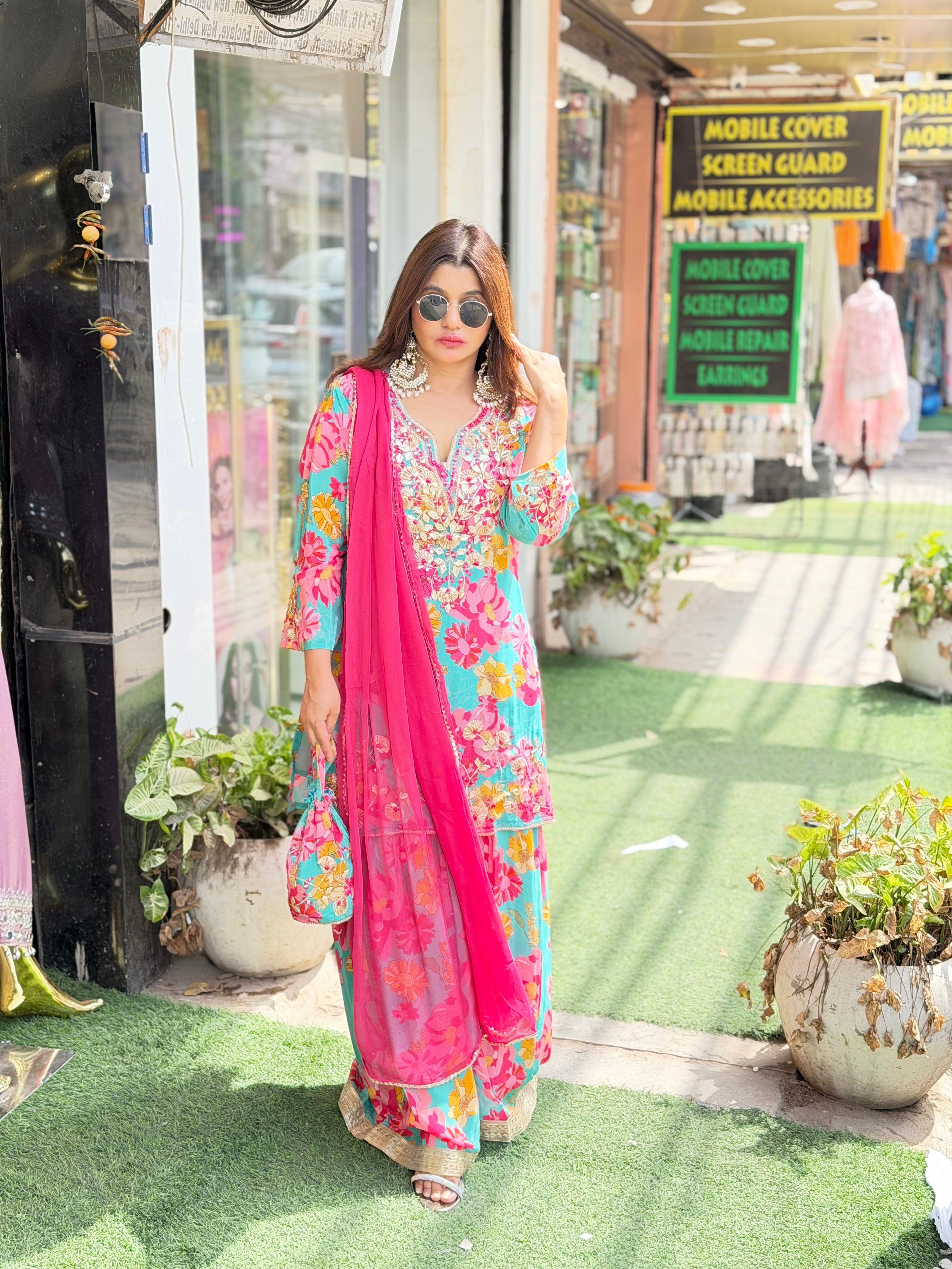 Digital print sharara suit with gotta patti detailing