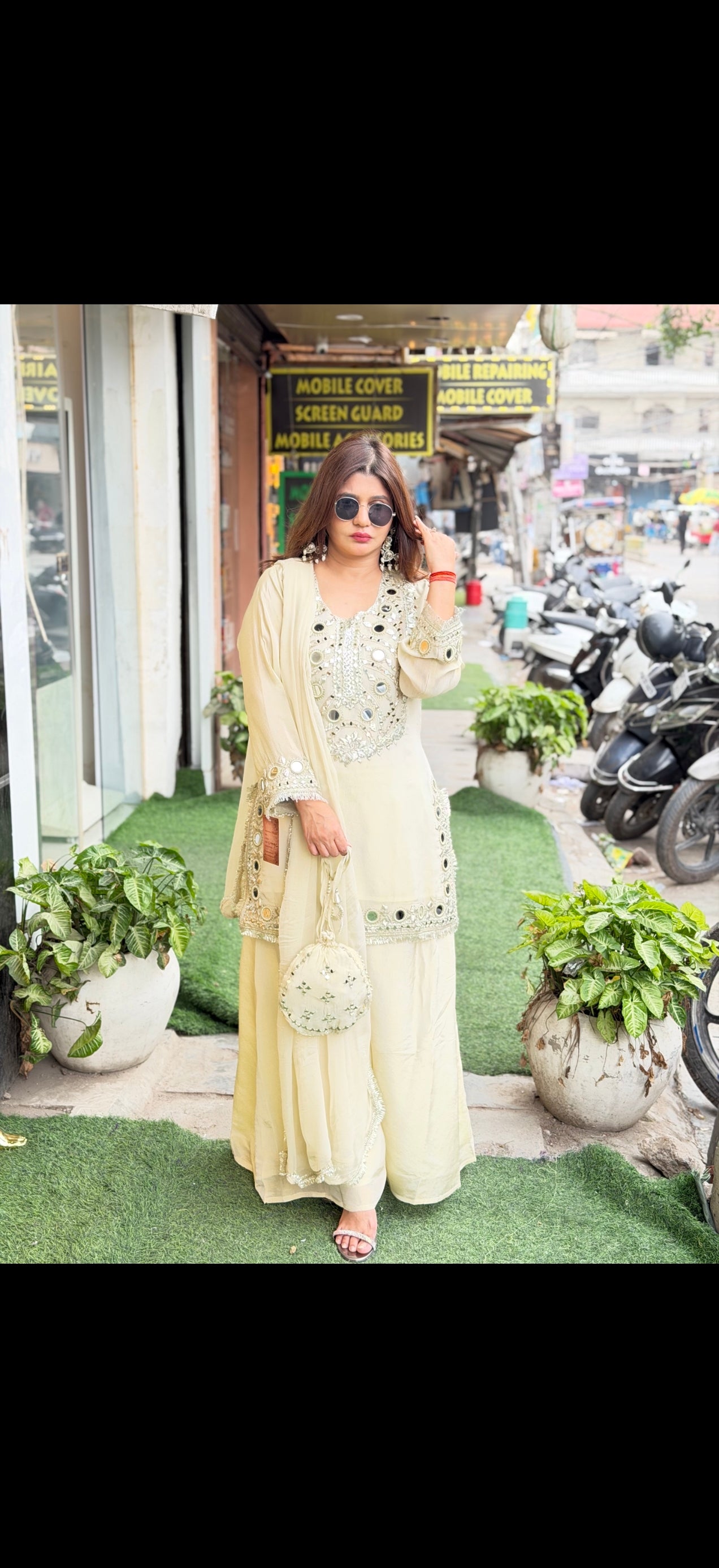 Tissue shimmer coord  with original mirror work and potli