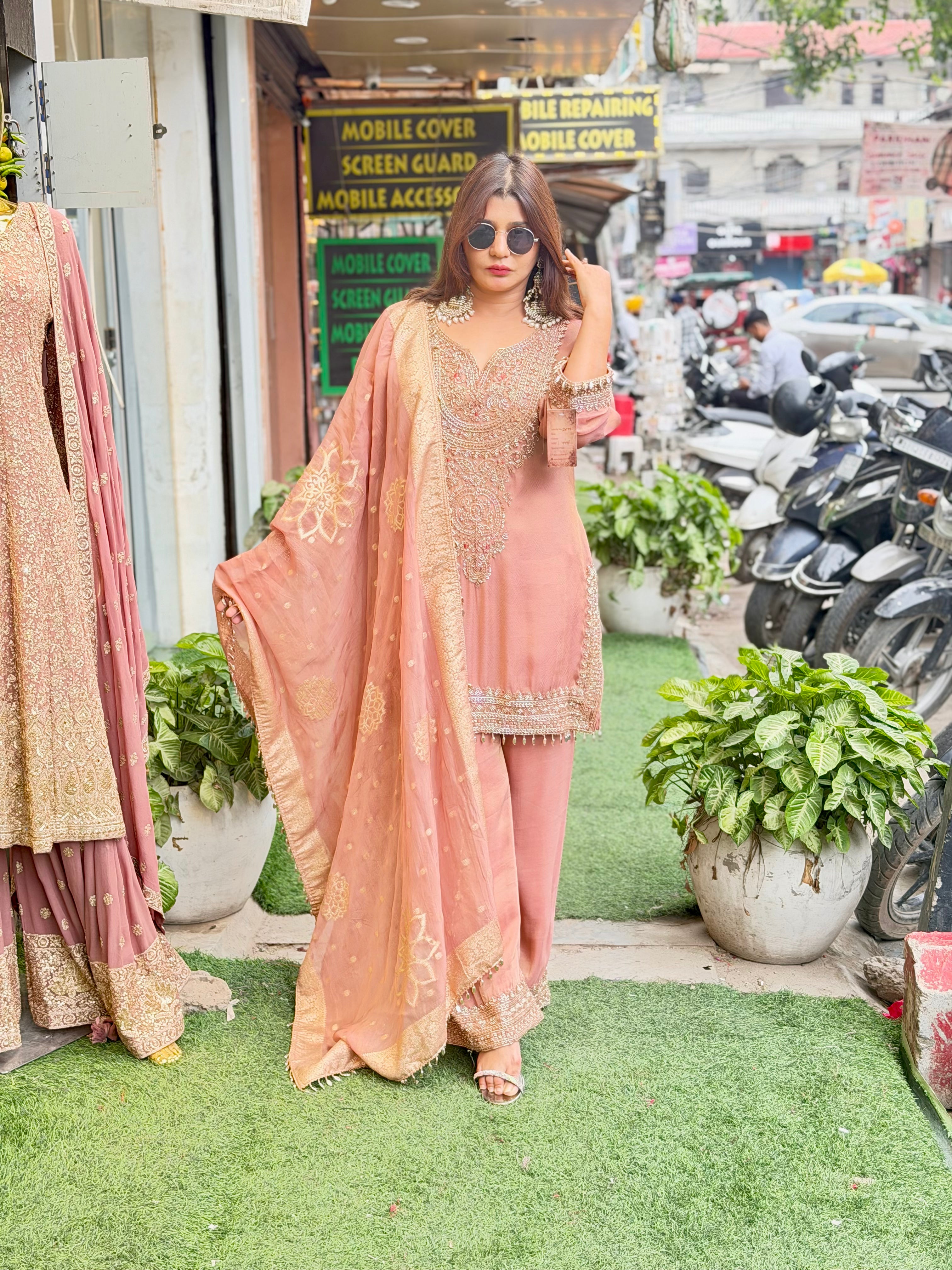 Pure tissue beats work  coord set with farshi salwar