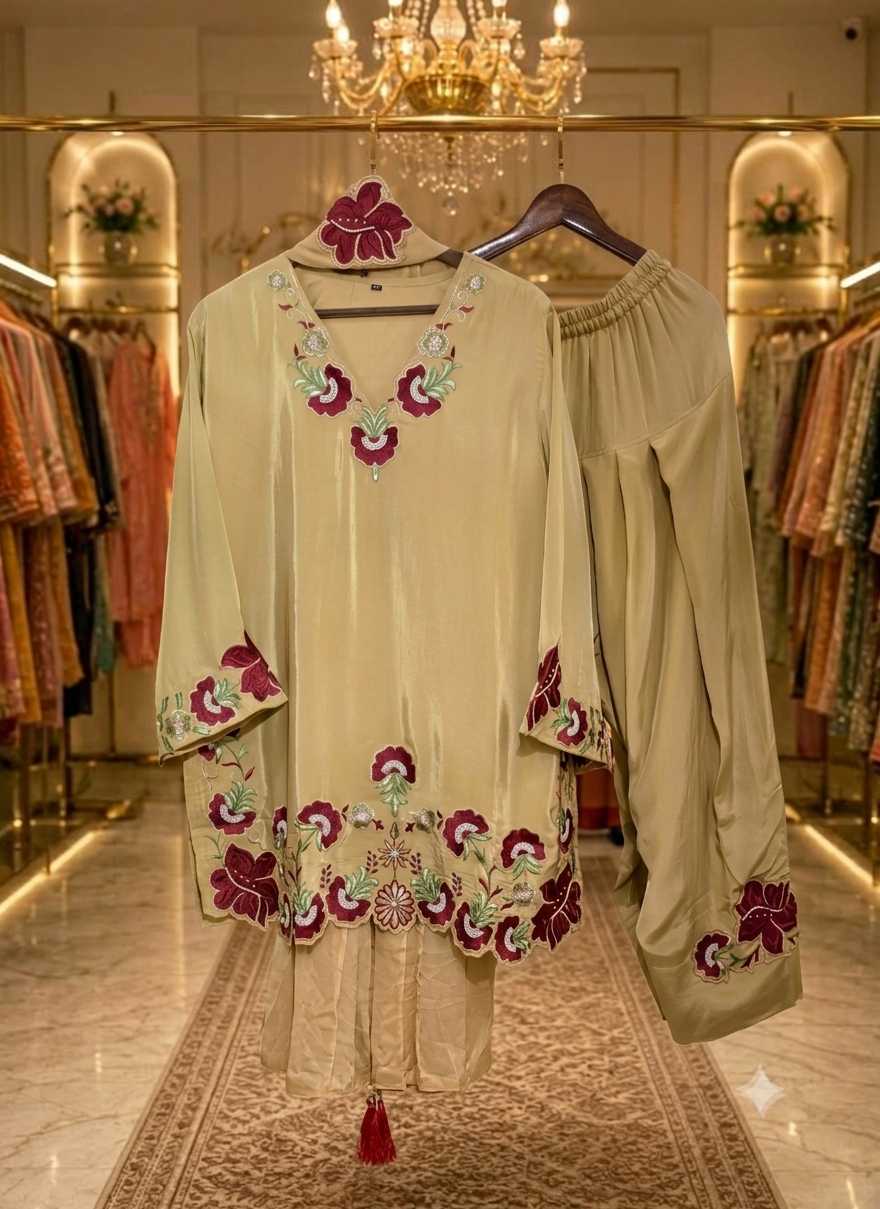 Pure Crepe Handwork coord set with farshi salwar