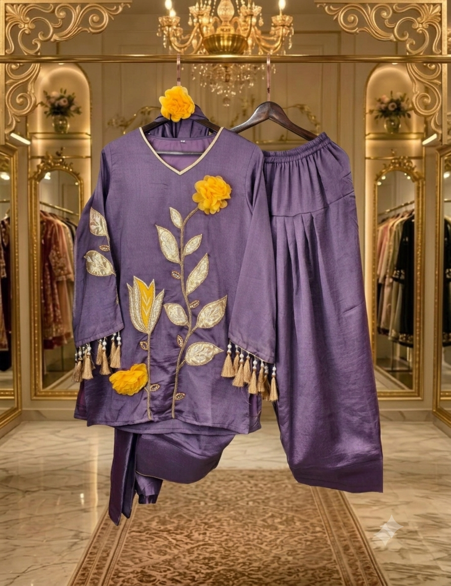 "Qeher" -Pure cotton cotton silk coord set with farshi salwar and 3 d flower